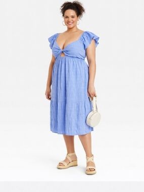 Women's Flutter Short Sleeve MIDI a-Line Dress - Universal Thread™ Blue XXL